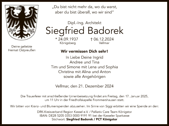 Traueranzeige von Siegfried Badorek von HNA