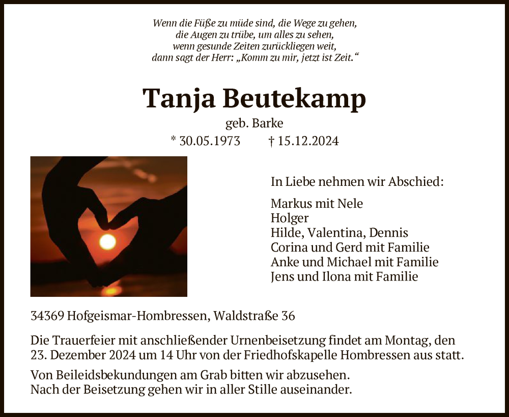  Traueranzeige für Tanja Beutekamp vom 20.12.2024 aus HNA