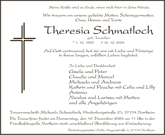 Traueranzeige von Theresia Schmatloch von HNA