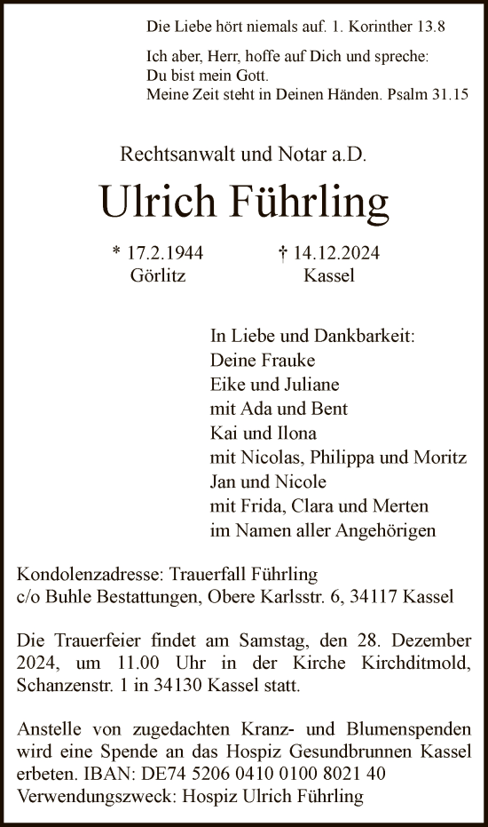 Traueranzeige von Ulrich Führling von HNAHNA