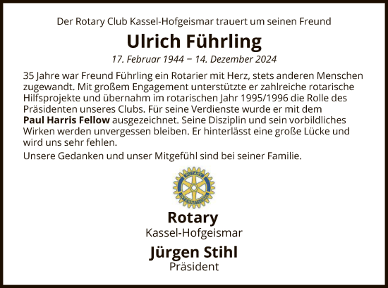 Traueranzeige von Ulrich Führling von HNAHNA