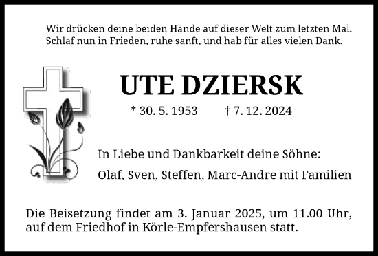 Traueranzeige von Ute Dziersk von HNA