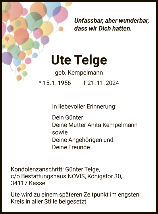 Traueranzeige von Ute Telge von HNA