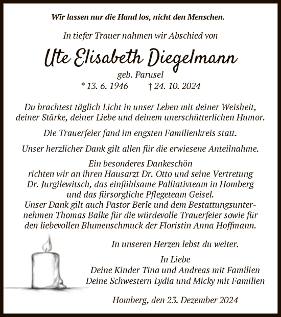 Traueranzeige von Ute Elisabeth Diegelmann von HNA