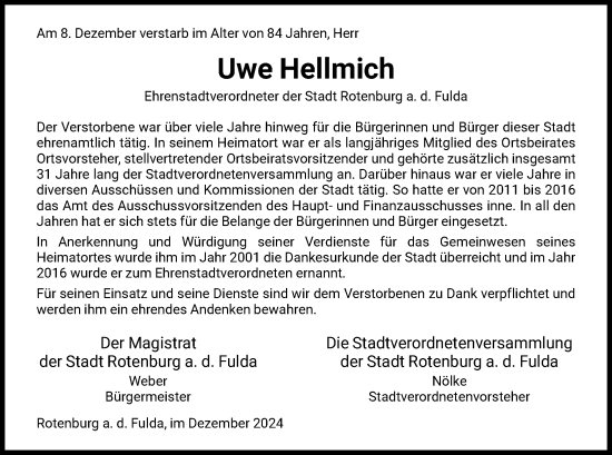 Traueranzeige von Uwe Hellmich von HNA