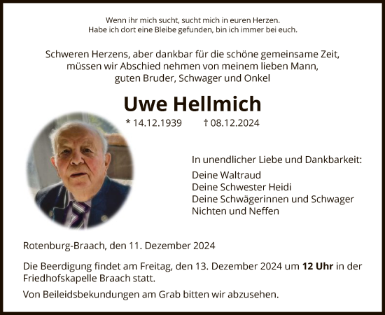 Traueranzeige von Uwe Hellmich von HNA