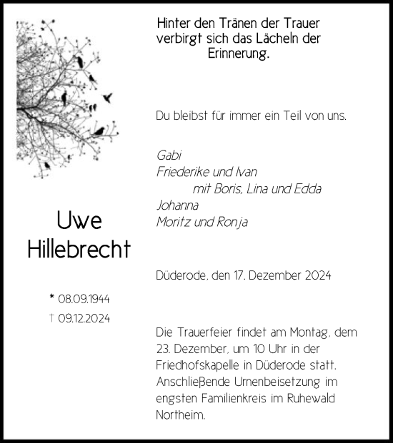 Traueranzeige von Uwe Hillebrecht von HNA