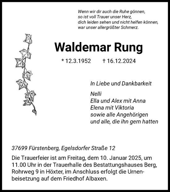 Traueranzeige von Waldemar Rung von HNA