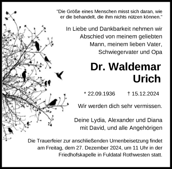 Traueranzeige von Waldemar Urich von HNA