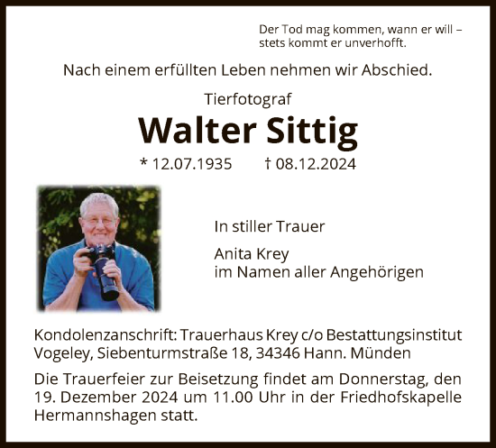 Traueranzeige von Walter Sittig von HNAHNAHNA