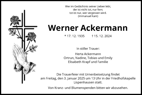 Traueranzeige von Werner Ackermann von HNA