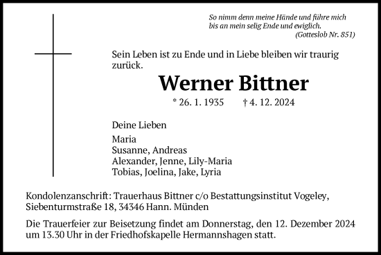 Traueranzeige von Werner Bittner von HNA