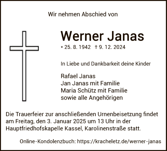 Traueranzeige von Werner Janas von HNA