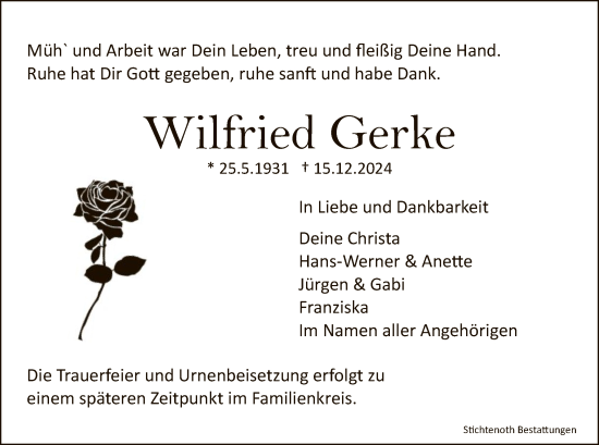 Traueranzeige von Wilfried Gerke von HNA