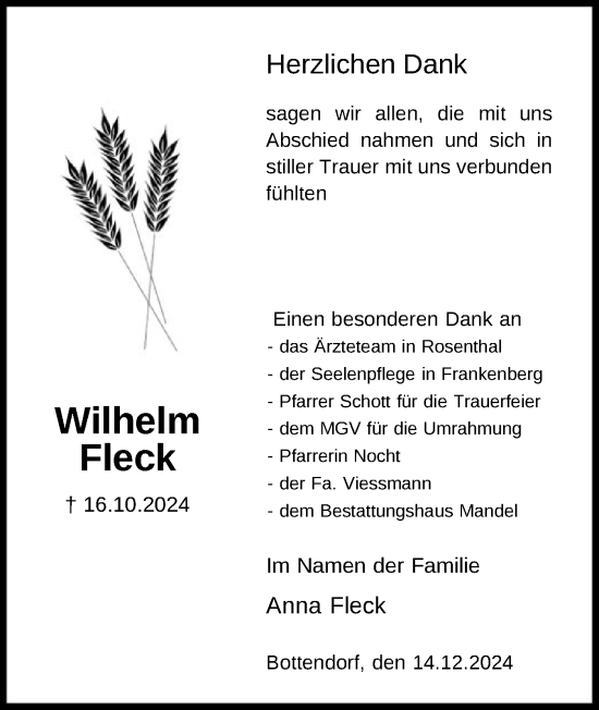 Traueranzeige von Wilhelm Fleck von HNA