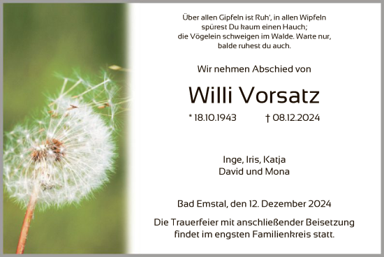 Traueranzeige von Willi Vorsatz von HNA