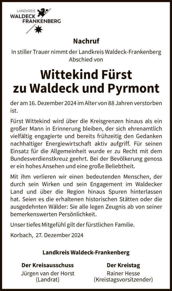 Traueranzeige von Wittekind Fürst zu Waldeck und Pyrmont von WLZHNA