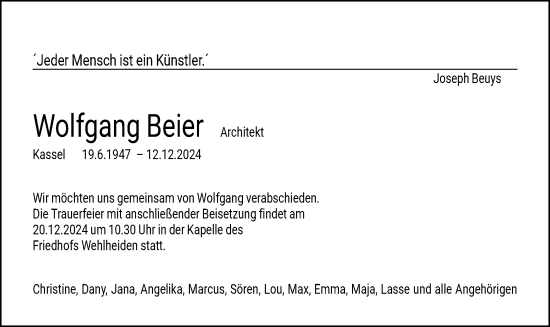 Traueranzeige von Wolfgang Beier von HNA