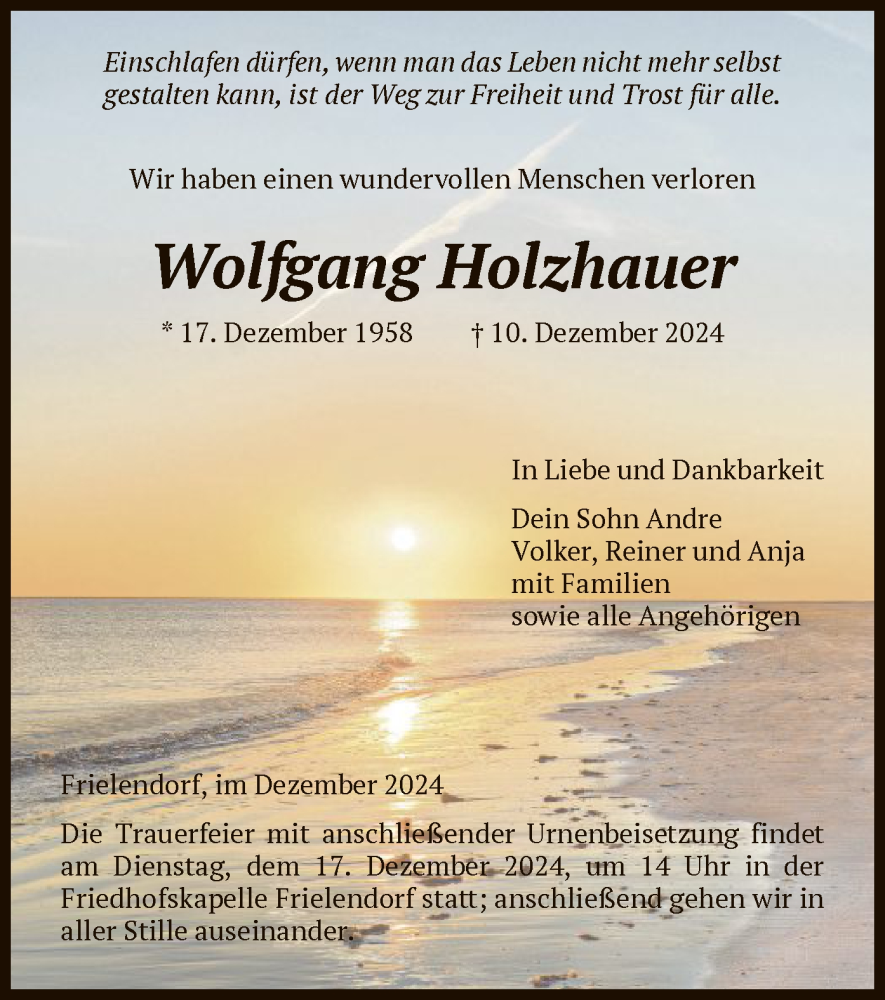  Traueranzeige für Wolfgang Holzhauer vom 14.12.2024 aus HNA