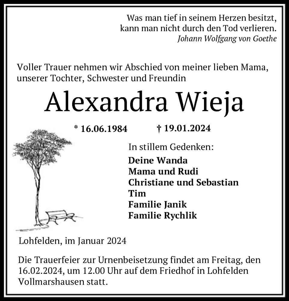  Traueranzeige für Alexandra Wieja vom 03.02.2024 aus HNA