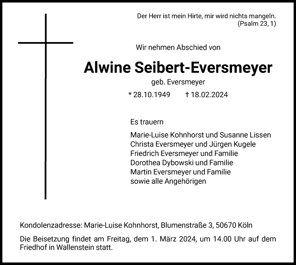 Traueranzeigen von Alwine Seibert-Eversmeyer | Trauer.HNA.de