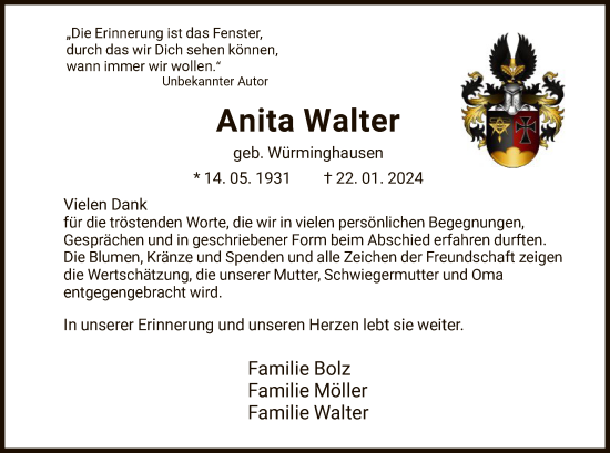 Traueranzeige von Anita Walter von HNA