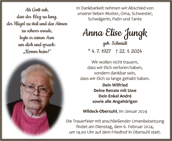 Traueranzeige von Anna Elise Jungk von HNA