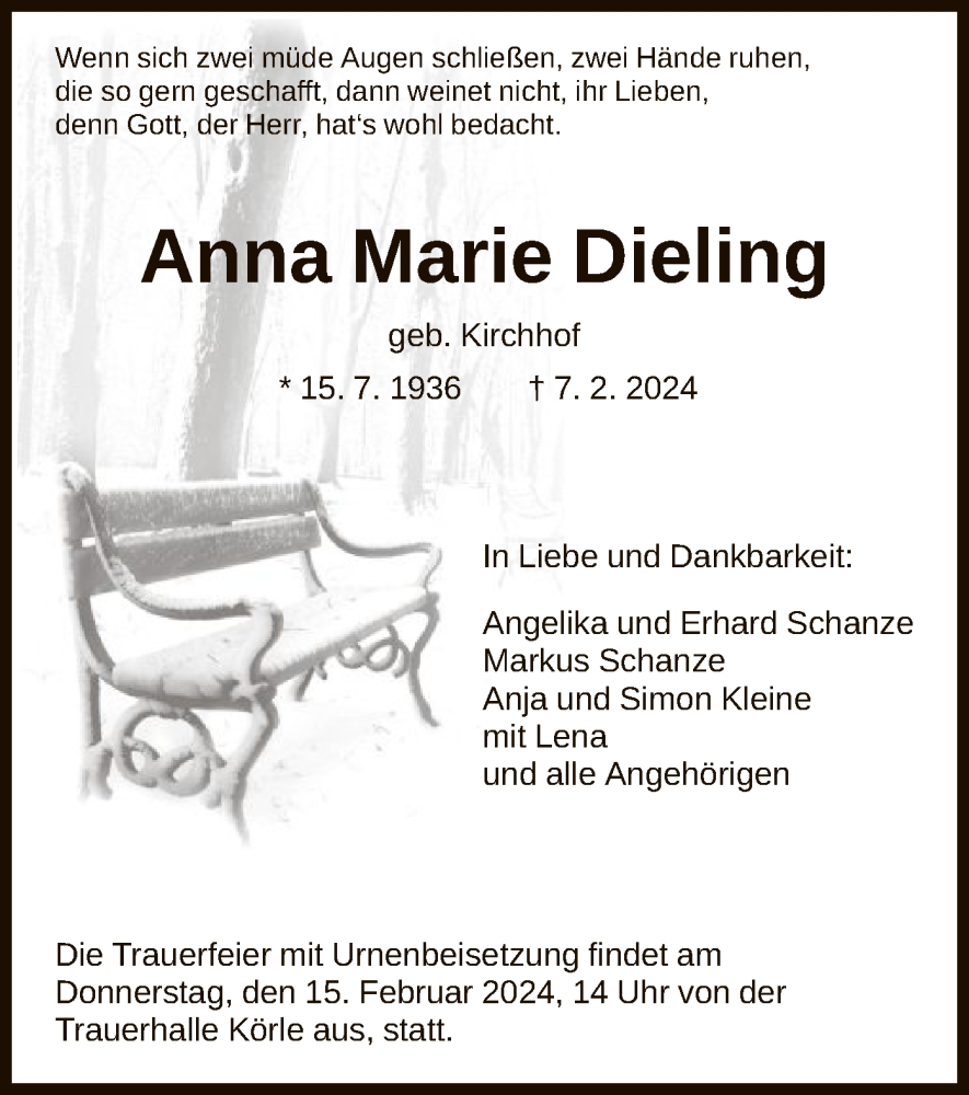  Traueranzeige für Anna Marie Dieling vom 10.02.2024 aus HNA