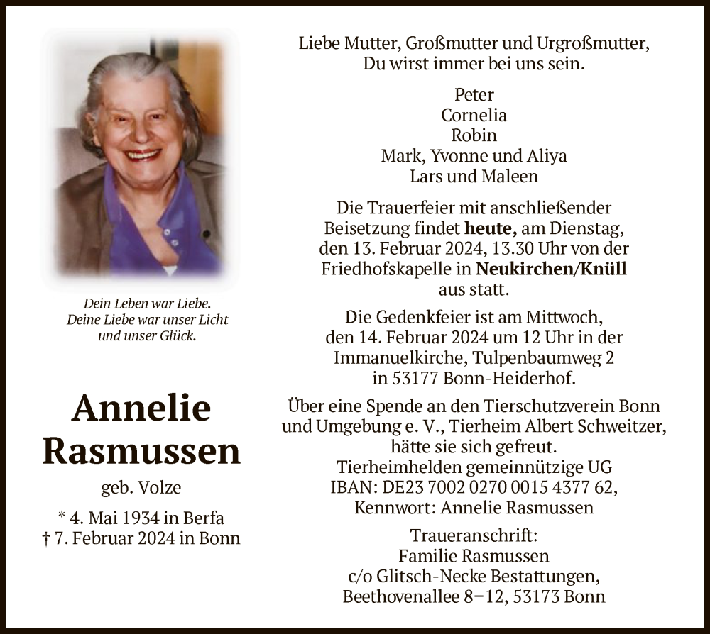  Traueranzeige für Annelie Rasmussen vom 13.02.2024 aus HNA