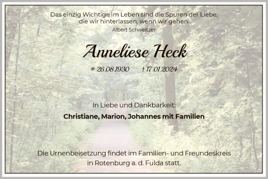 Traueranzeige von Anneliese Heck von HNA