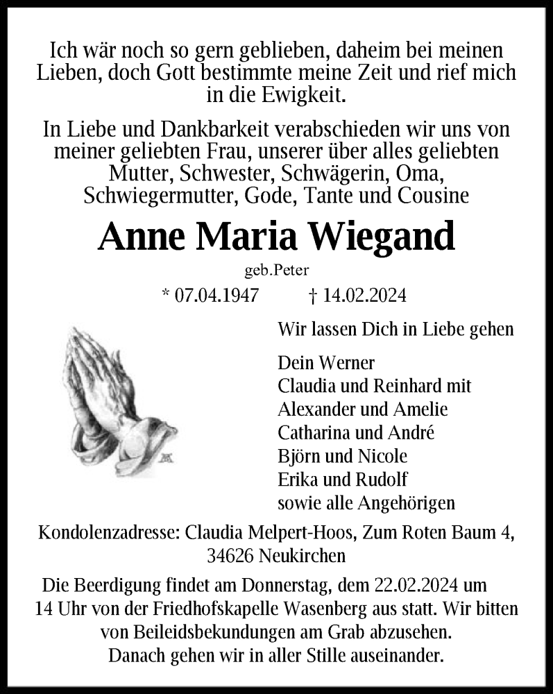  Traueranzeige für Anne Maria Wiegand vom 20.02.2024 aus HNA