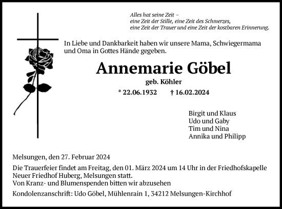 Traueranzeige von Annemarie Göbel von HNAHNA