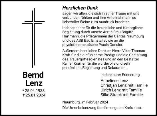 Traueranzeige von Bernd Lenz von HNA