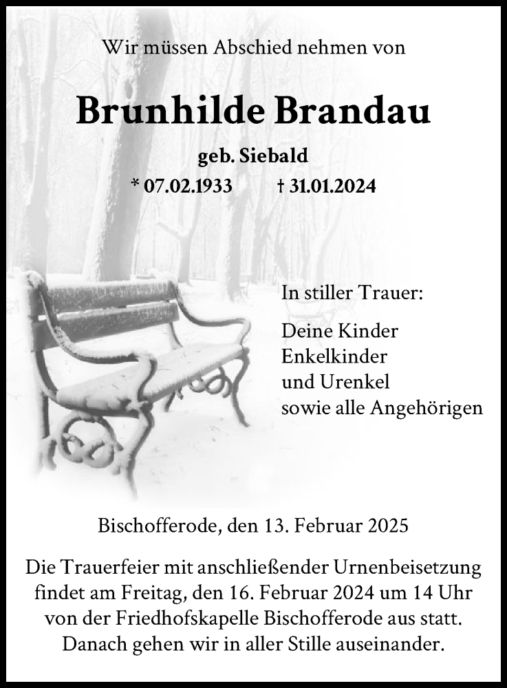  Traueranzeige für Brunhilde Brandau vom 13.02.2024 aus HNA