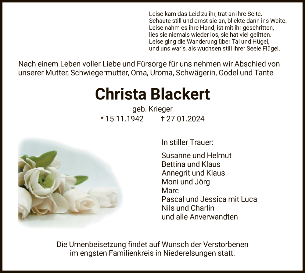  Traueranzeige für Christa Blackert vom 03.02.2024 aus HNA