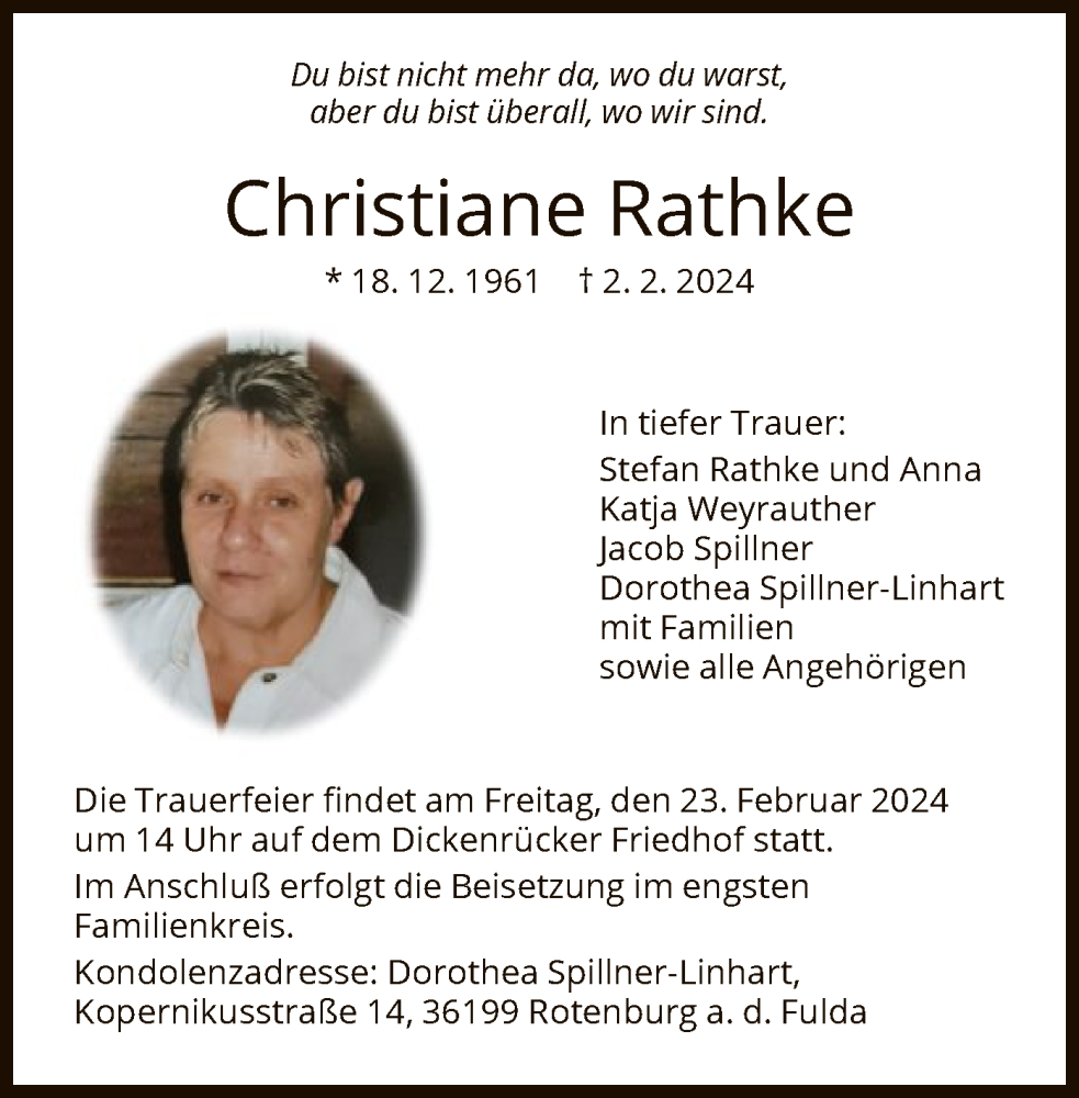  Traueranzeige für Christiane Rathke vom 17.02.2024 aus HNAHNA