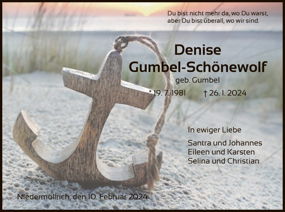  Traueranzeige für Denise Gumbel-Schönewolf vom 10.02.2024 aus HNA