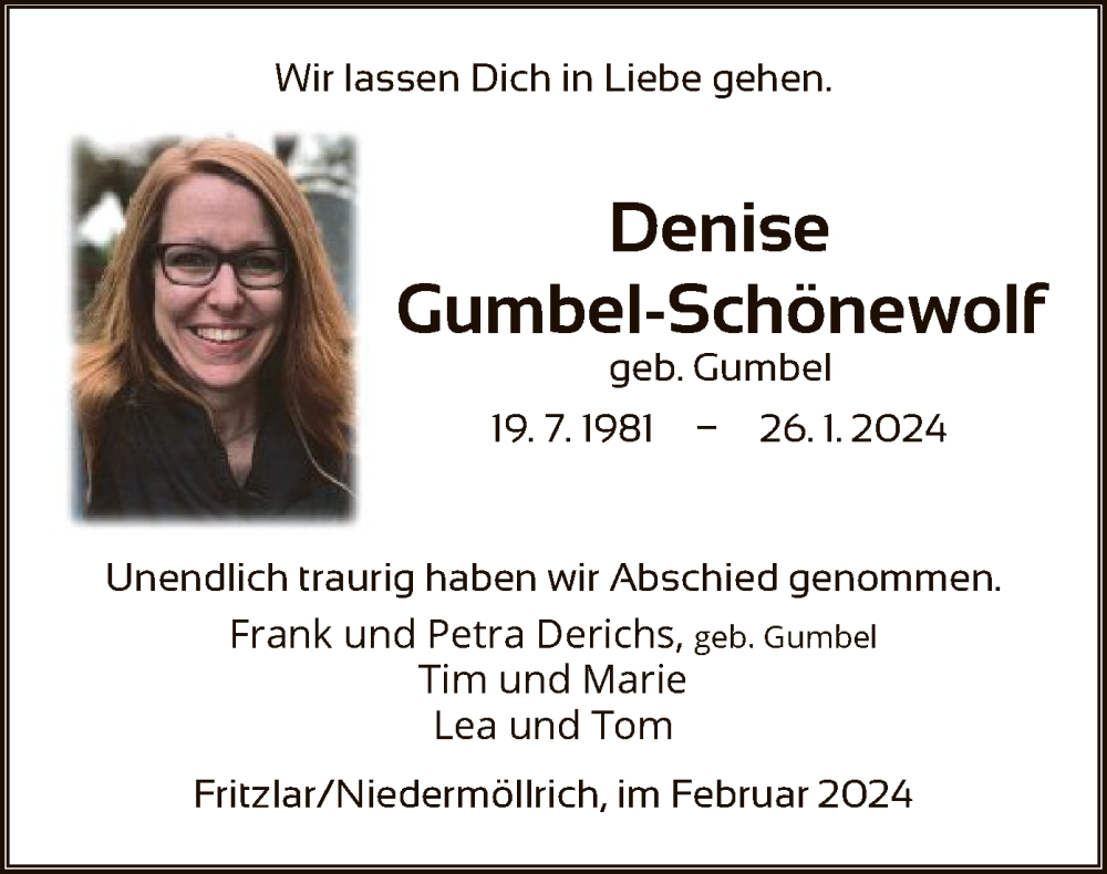  Traueranzeige für Denise Gumbel-Schönewolf vom 10.02.2024 aus HNA