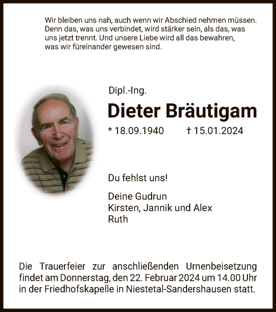 Traueranzeige von Dieter Bräutigam von HNA