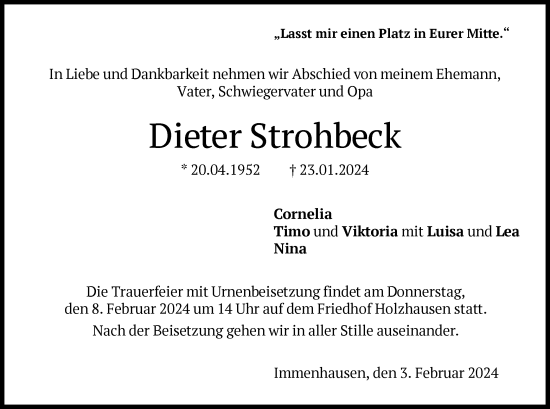 Traueranzeige von Dieter Strohbeck von HNA