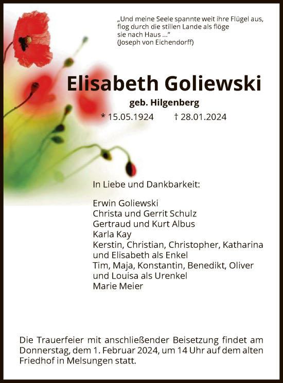 Traueranzeige von Elisabeth Goliewski von HNA