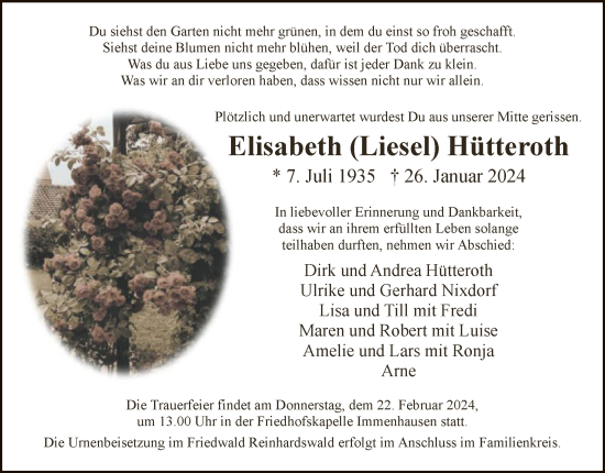 Traueranzeige von Elisabeth Hütteroth von HNA