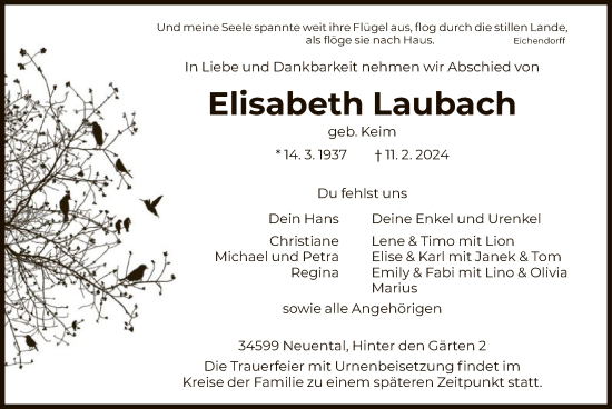 Traueranzeige von Elisabeth Laubach von HNA