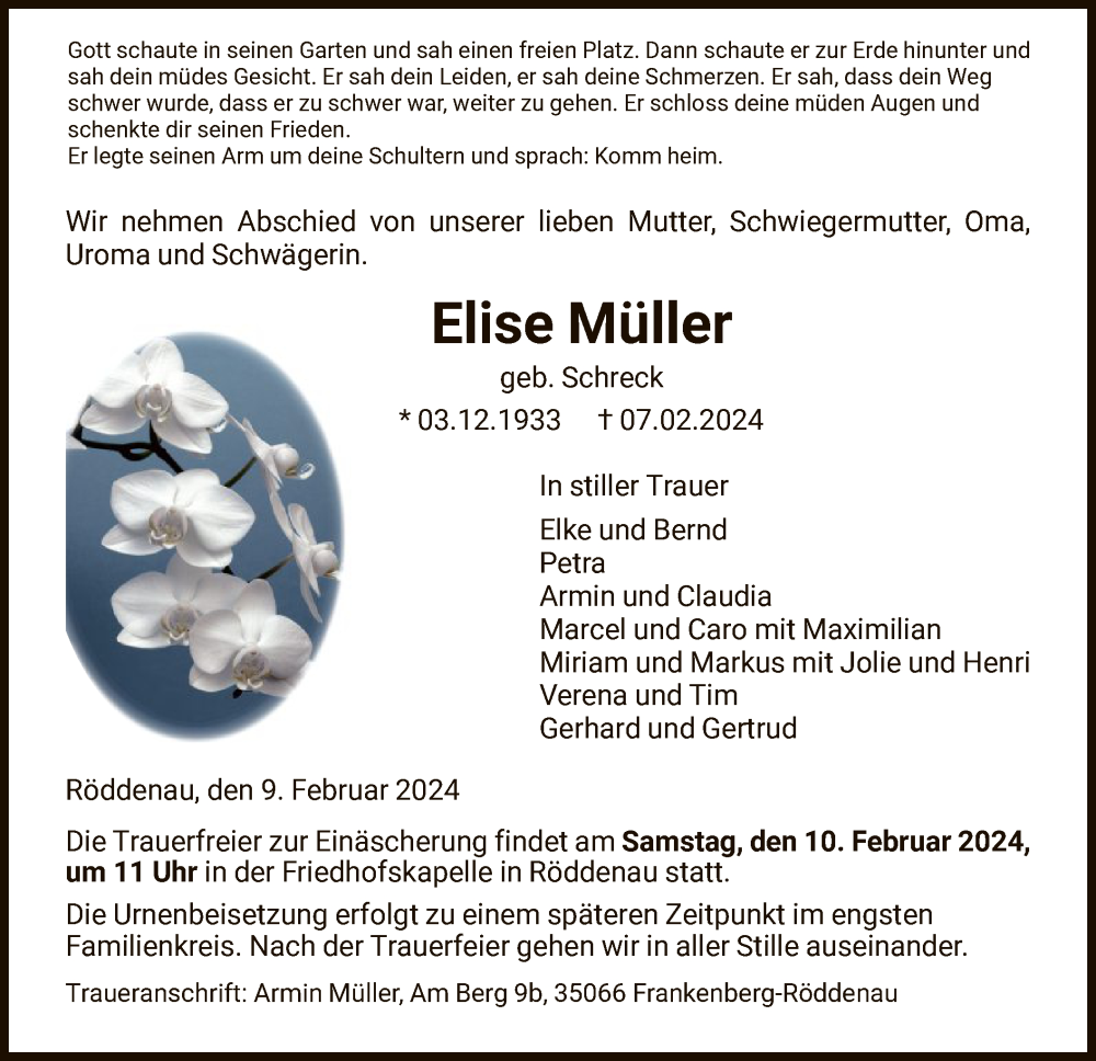  Traueranzeige für Elise Müller vom 09.02.2024 aus HNA