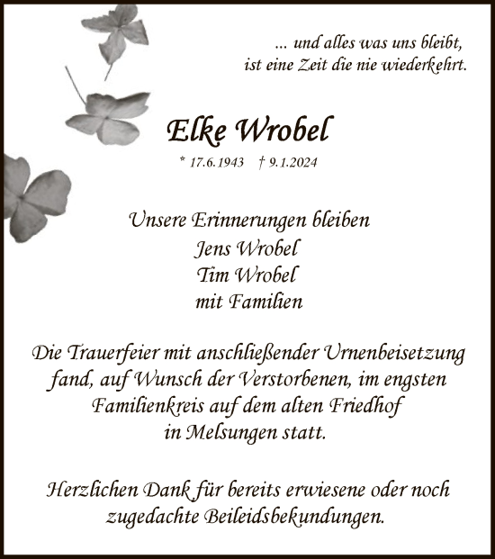 Traueranzeige von Elke Wrobel von HNA