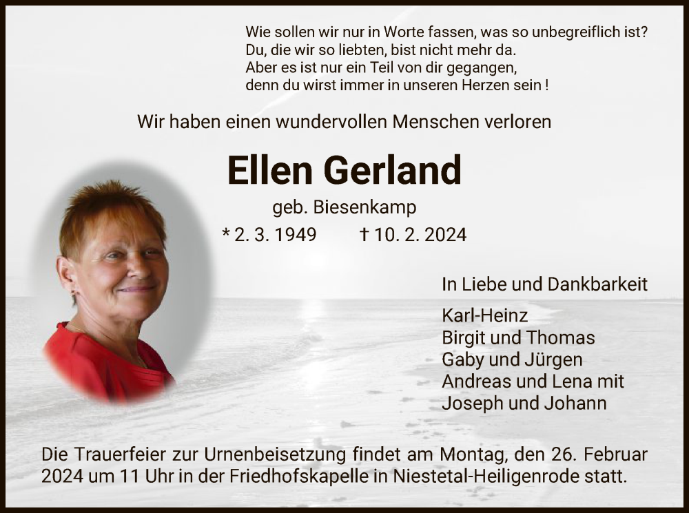  Traueranzeige für Ellen Gerland vom 21.02.2024 aus HNA