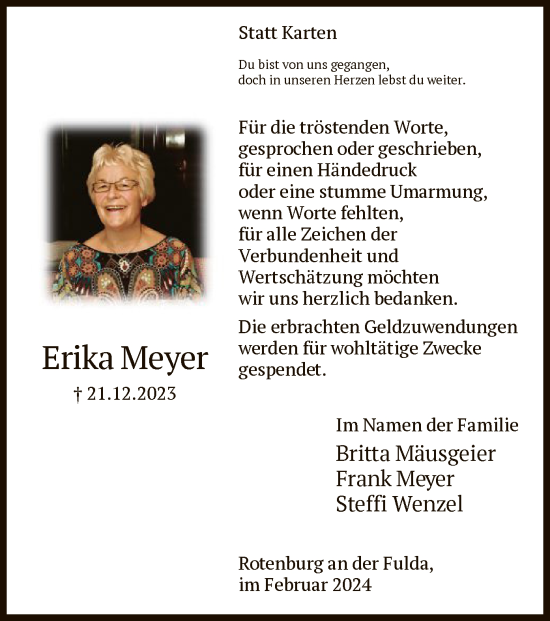 Traueranzeige von Erika Meyer von HNA