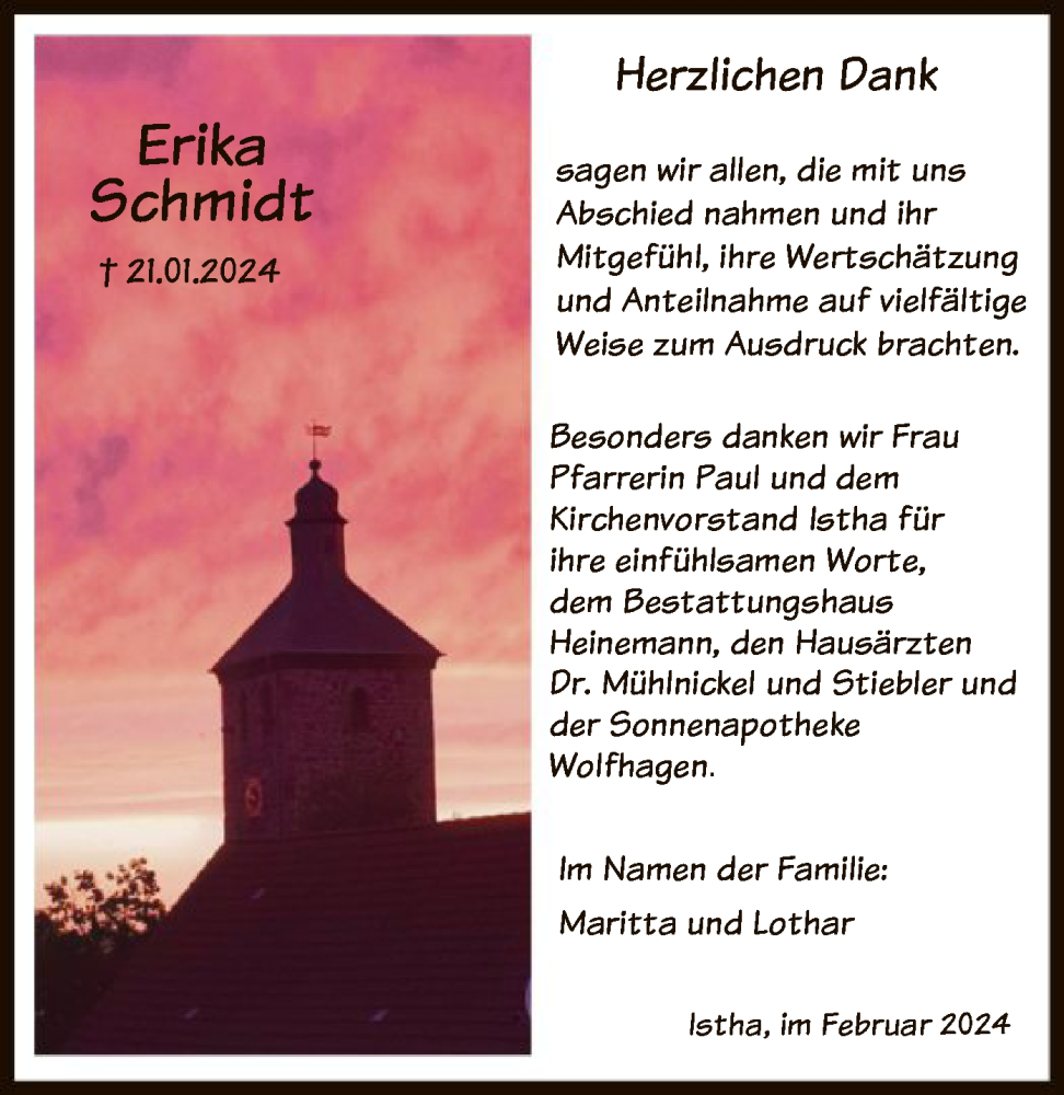  Traueranzeige für Erika Schmidt vom 10.02.2024 aus HNA