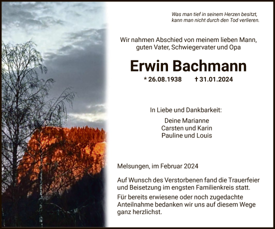 Traueranzeige von Erwin Bachmann von HNA