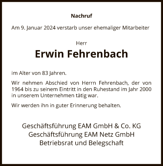 Traueranzeige von Erwin Fehrenbach von HNA